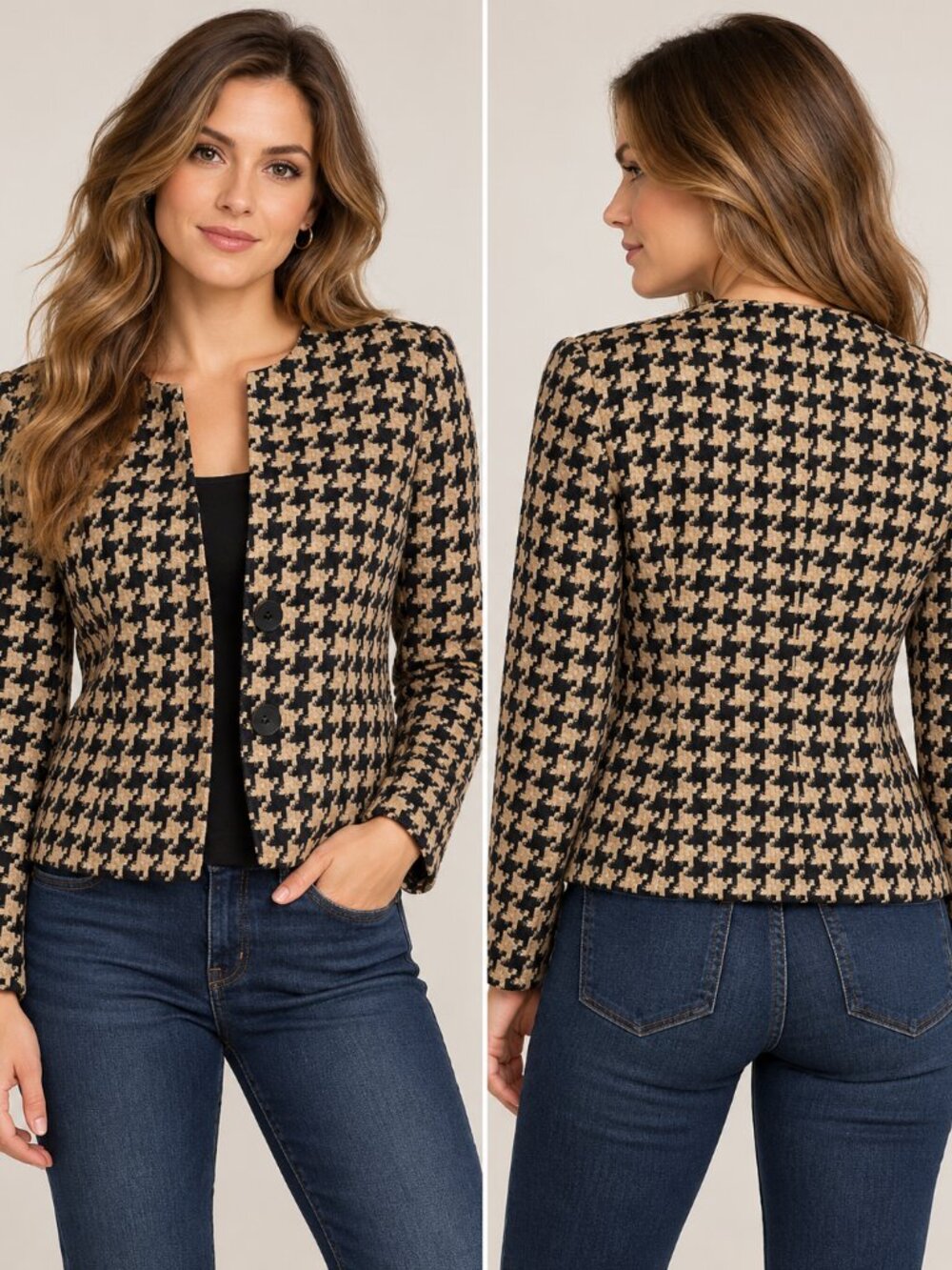 Coldwater Creek Houndstooth Blazer Jacket Size 10 Black Tan Wool Look Knit